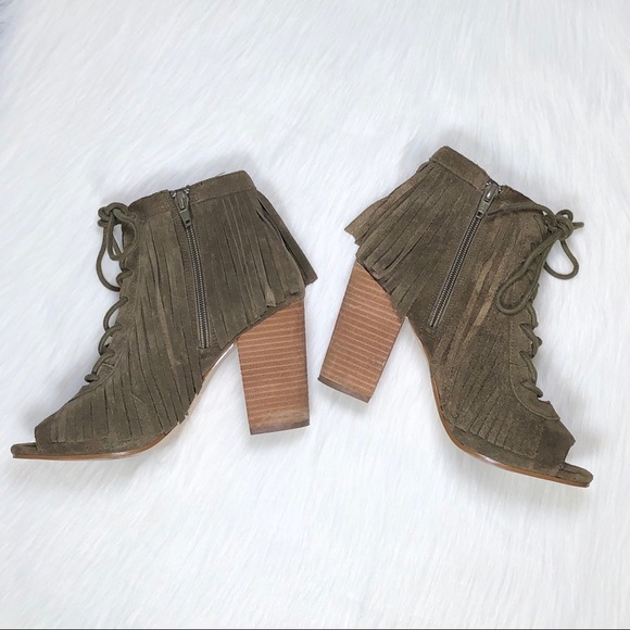 Gianni Bini olive green fringe peep toe booties - Picture 6 of 8